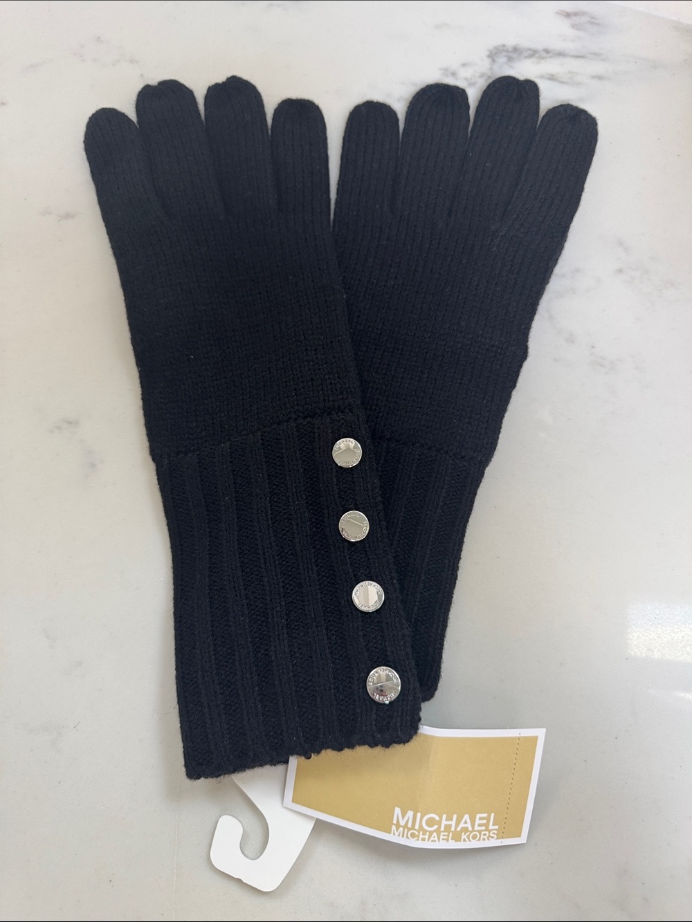 Michael Kors Black Ribbed Knit Gloves with Silver Button Detail